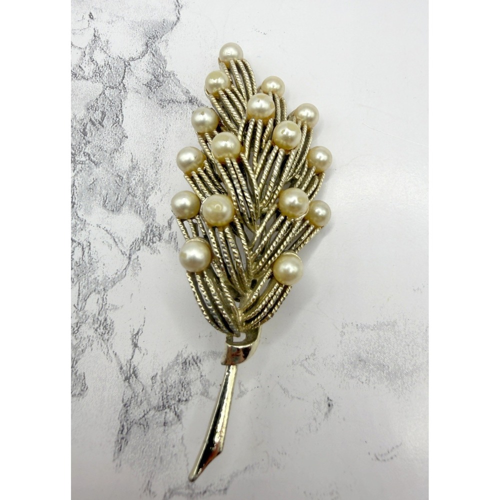 Vintage Gold Tone Faux Pearl Wheat‎ Sheaf Brooch 3.25" Leaf Spray Pearlcore Pin
